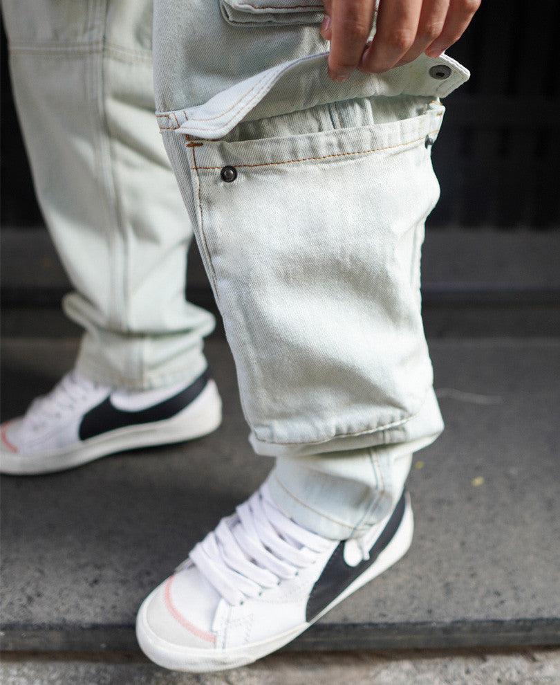 Faded Blue Cargo Denim Baggy Fit Jeans