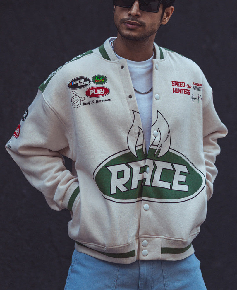 Cream Race Oversized Varsity Jacket