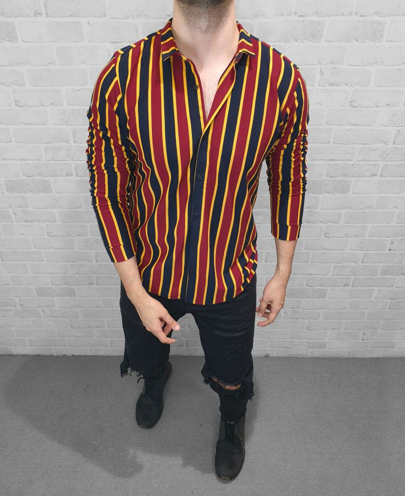 Mustard And Blue Button Style Full Sleeves T Shirt