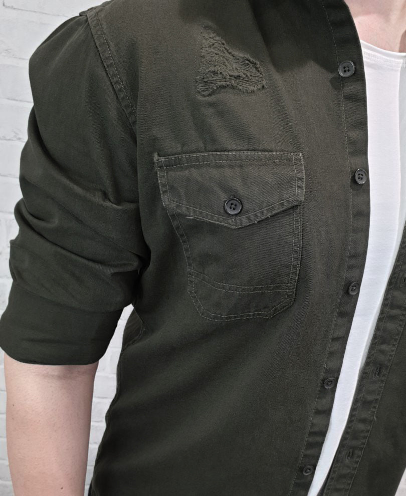 Urban Olive Green Ripped Denim Casual Shirt