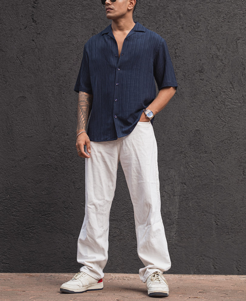 Navy Blue Structured Oversized Half Sleeves Shirt