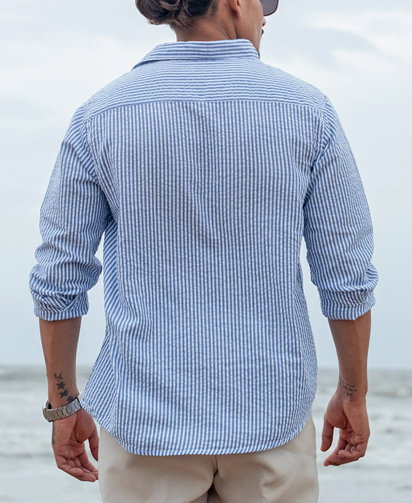 Blue and White Regular fit Striped Full Sleeves Shirt