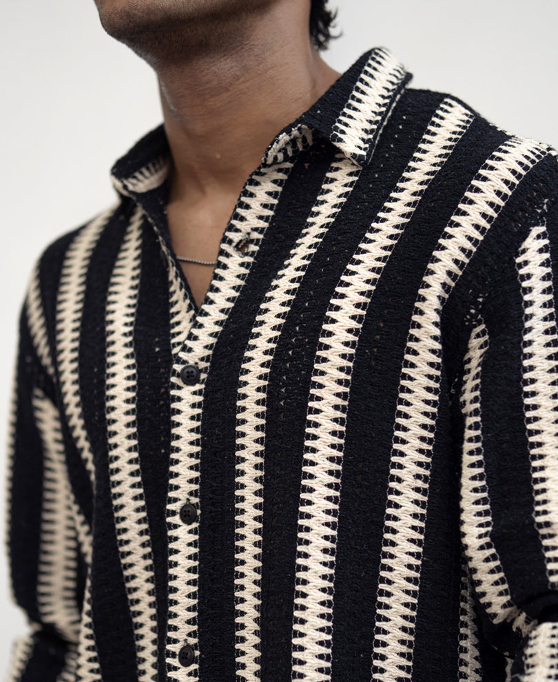Black and White Striped Regular fit Crochet  Full Sleeves Shirt