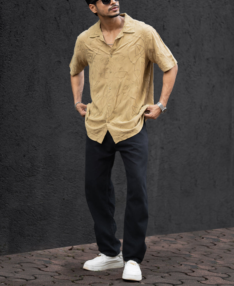 Beige Embroidery Oversized Half Sleeves Shirt