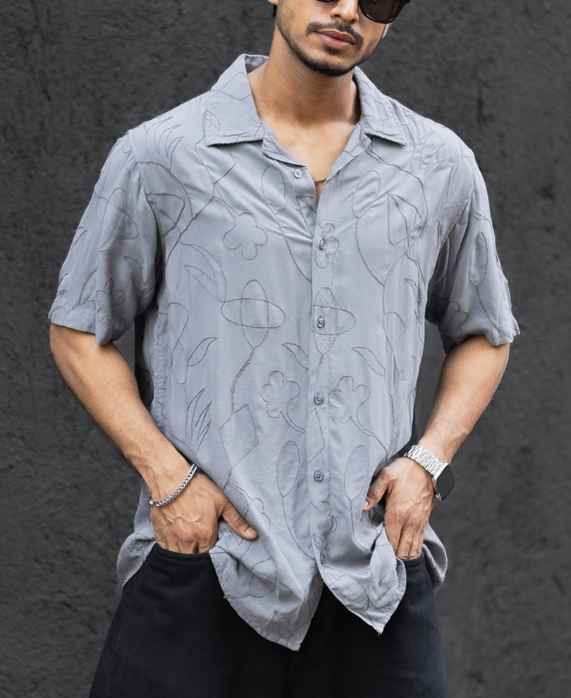 Grey Embroidery Oversized Half Sleeves Shirt