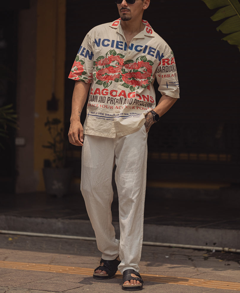 Off White Printed Oversized Cuban Collar Half Sleeve Shirt