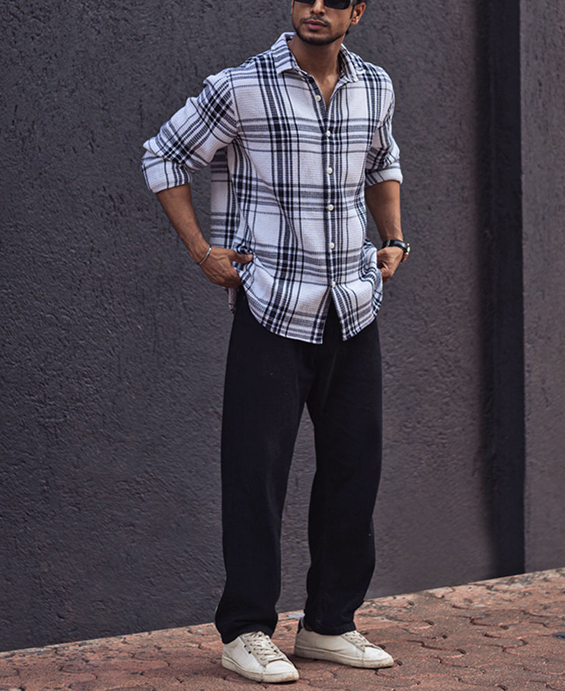 Navy Blue and White Waffle Checks Regular Full Sleeves Shirt