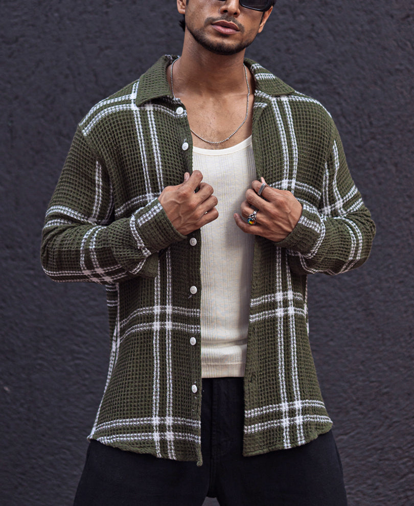 Green and White Striped Waffle Structured Regular fit Full Sleeves Shirt