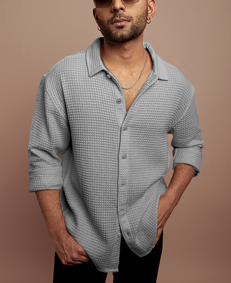 Grey Waffle Structured Regular fit Full Sleeves Shirt