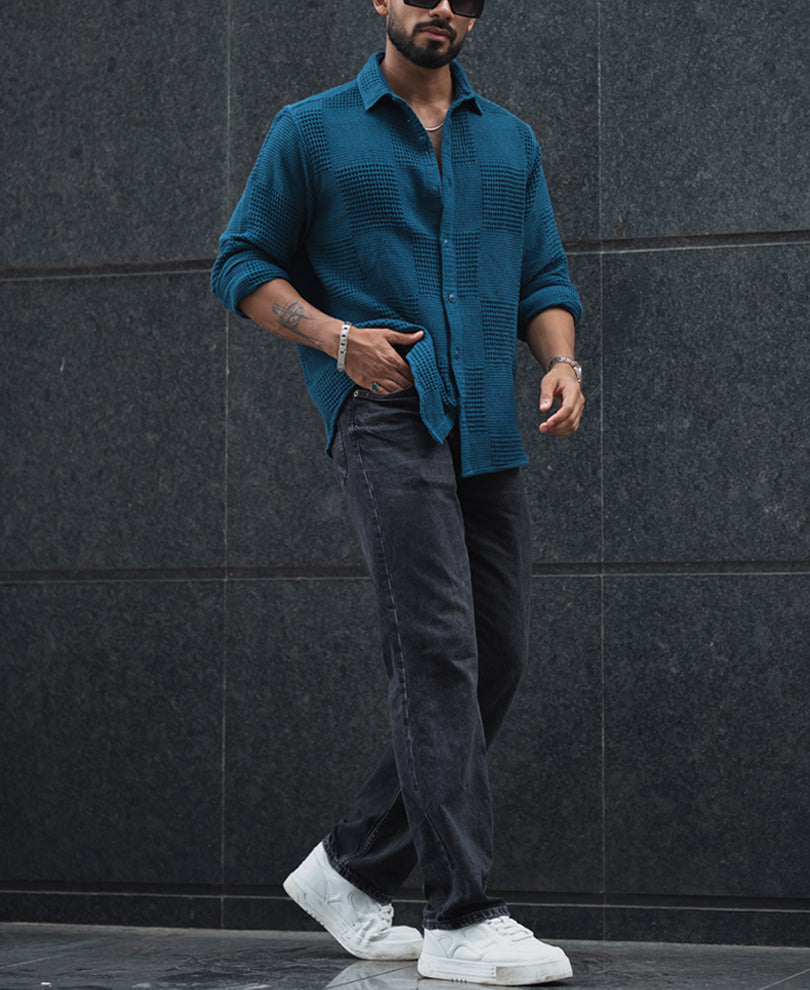 Teal Blue Waffle Structure Regular Fit Full Sleeves Shirt