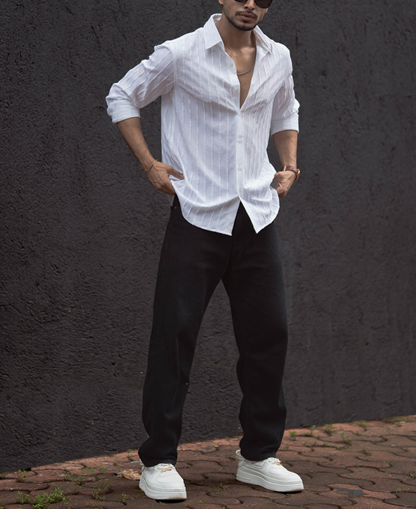 White Structure Regular Fit Full Sleeves Shirt