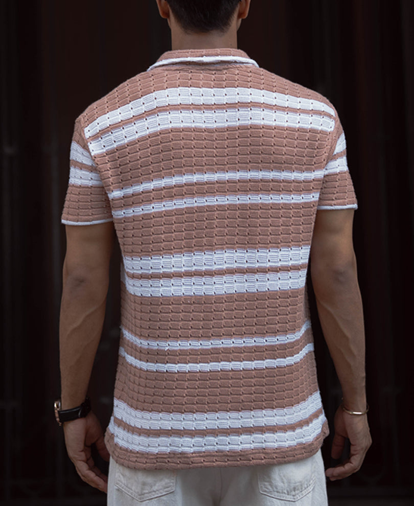 Beige And White Striped Regular Fit Half Sleeves Shirt
