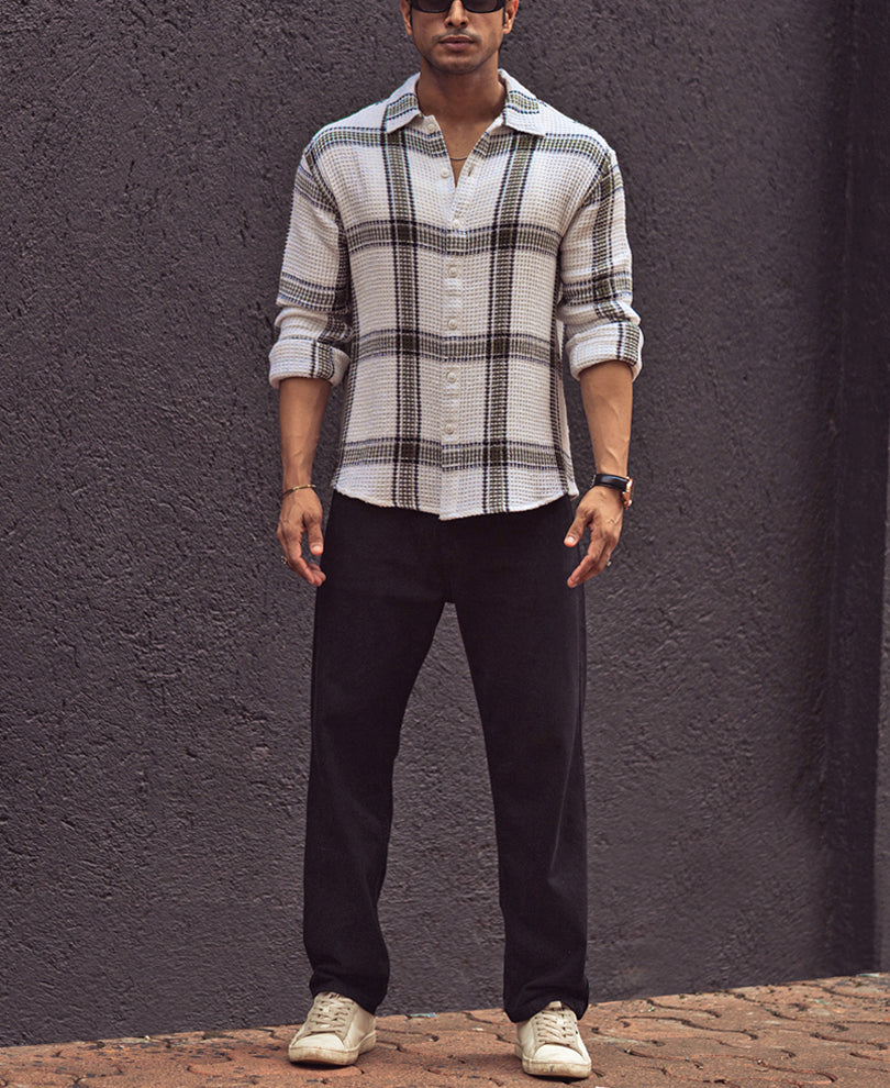 Olive and White Waffle Checks Regular Fit Full Sleeves Shirt