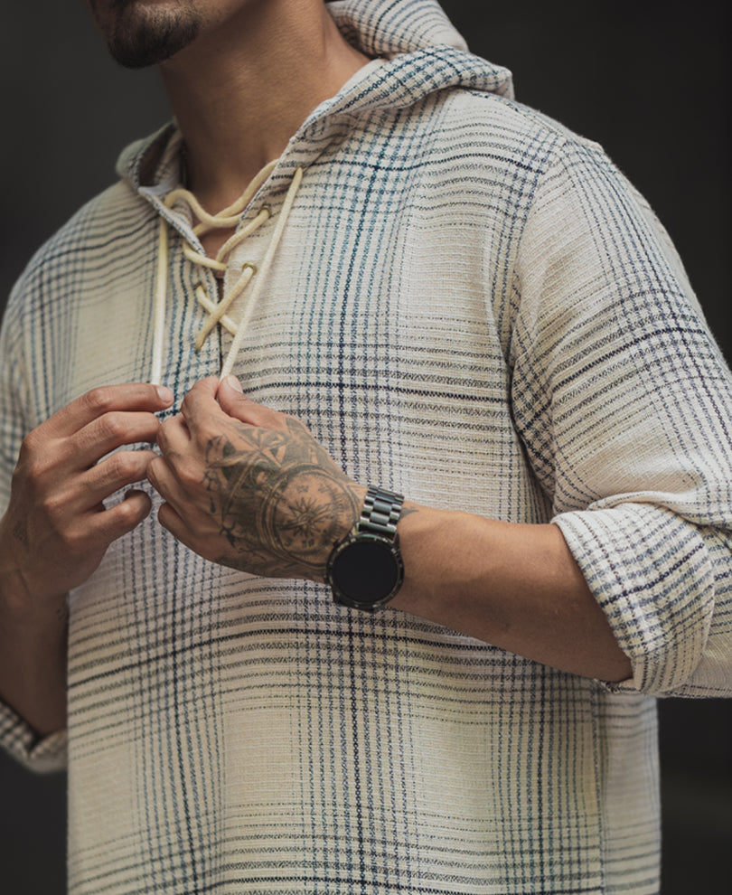 Off White Checked Regular Fit Hooded Shirt