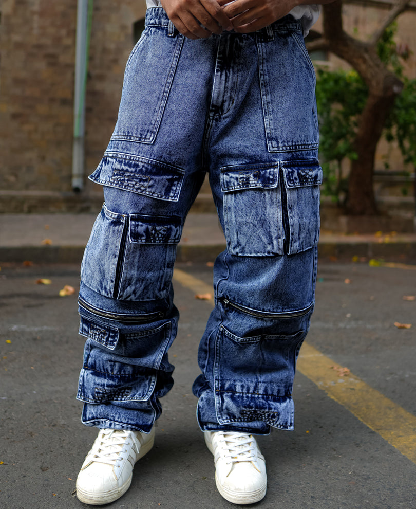Blue Baggy fit Denim Cargo Pants