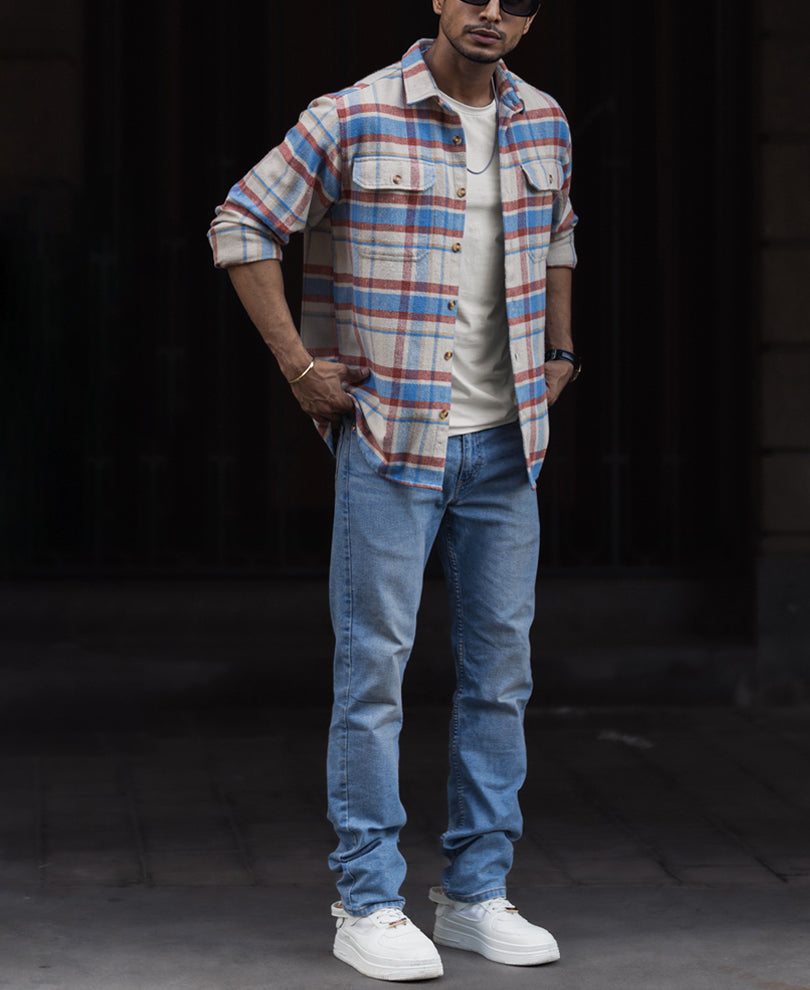 Multicolour Checked Regular Fit Shirt with Double Flap Pockets