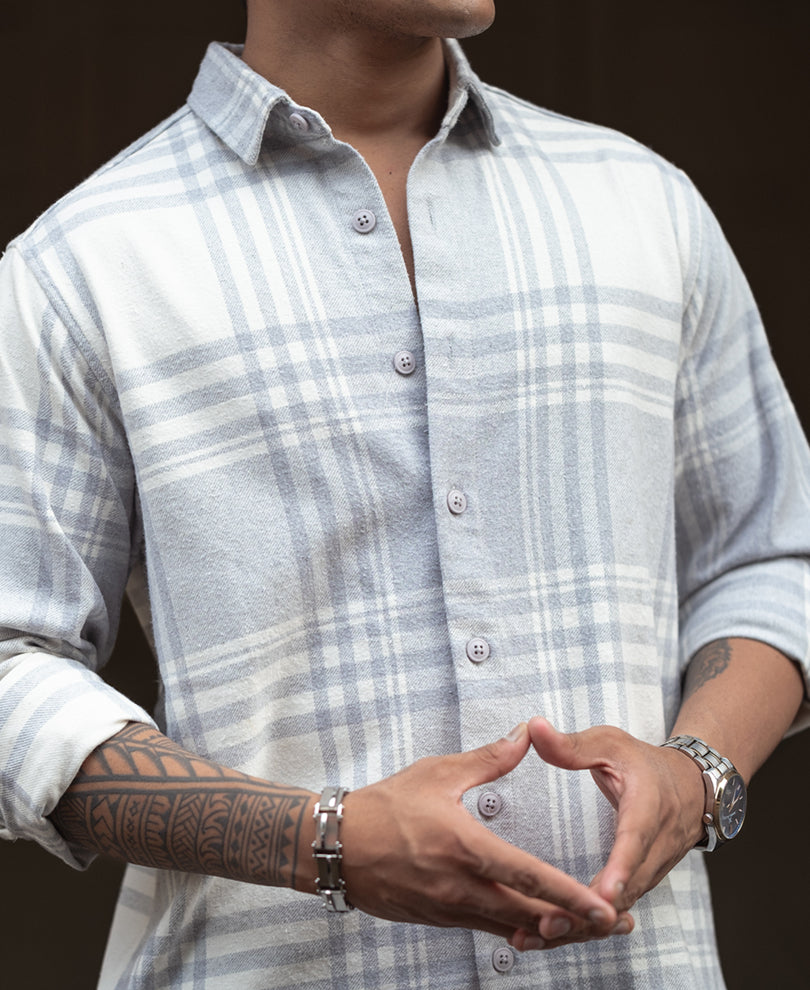 Light Grey and White Regular Fit Flannel Full Sleeve Shirt
