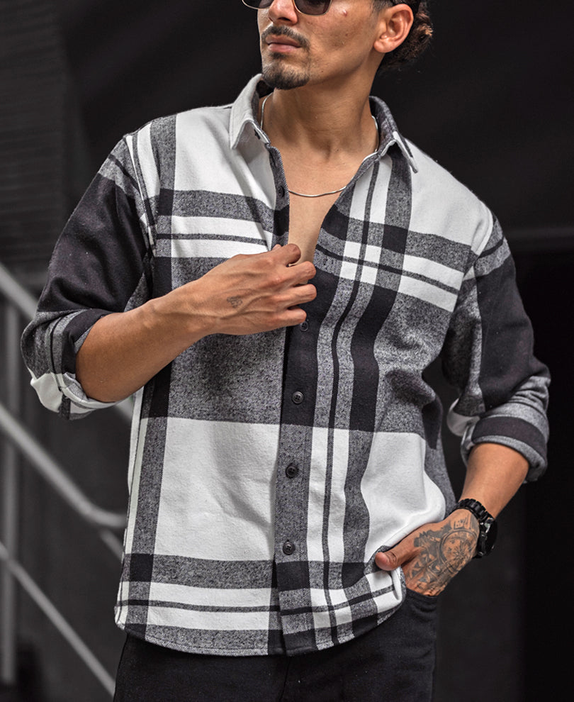 Black and White Checks Regular Fit Full Sleeves Overshirt