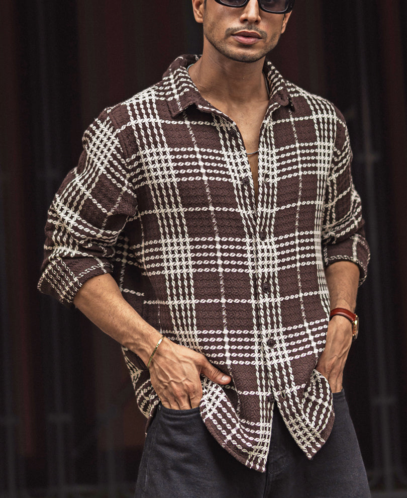 Brown and White Structured Checks Regular Full Sleeves Shirt