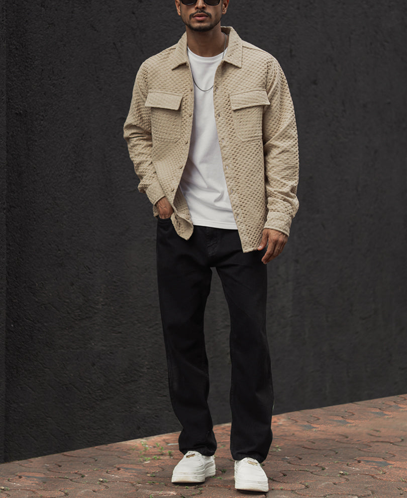 Beige Regular Fit Full Sleeves Structured Shirt