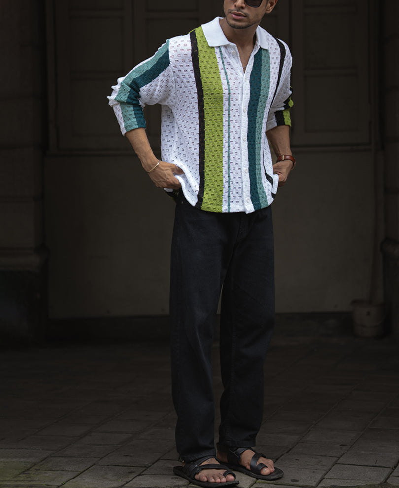 Multi Colour Vertical Striped Crochet Regular Fit Full Sleeve Shirt