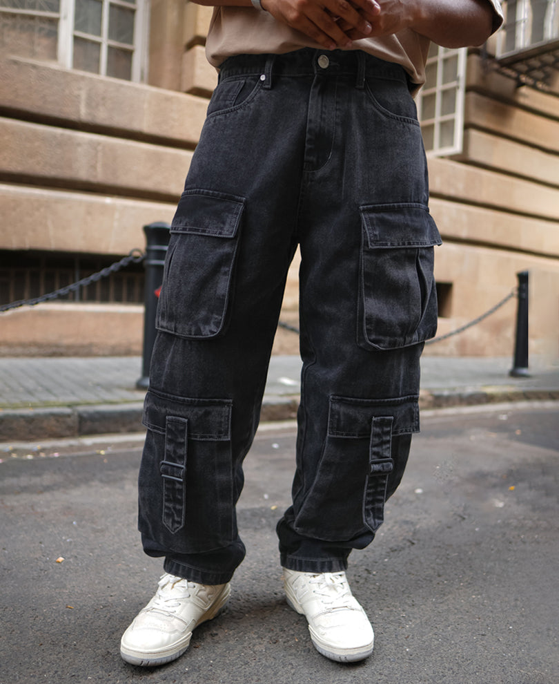 Carbon Black Baggy Fit Cargo Denim Jeans with Patch Pockets