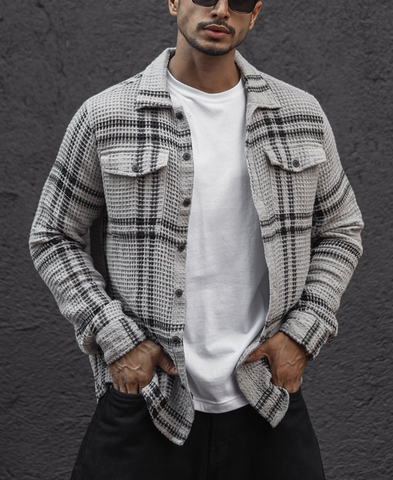 Grey And Black Stripe Waffle Checks Regular Fit Full Sleeves Shirt