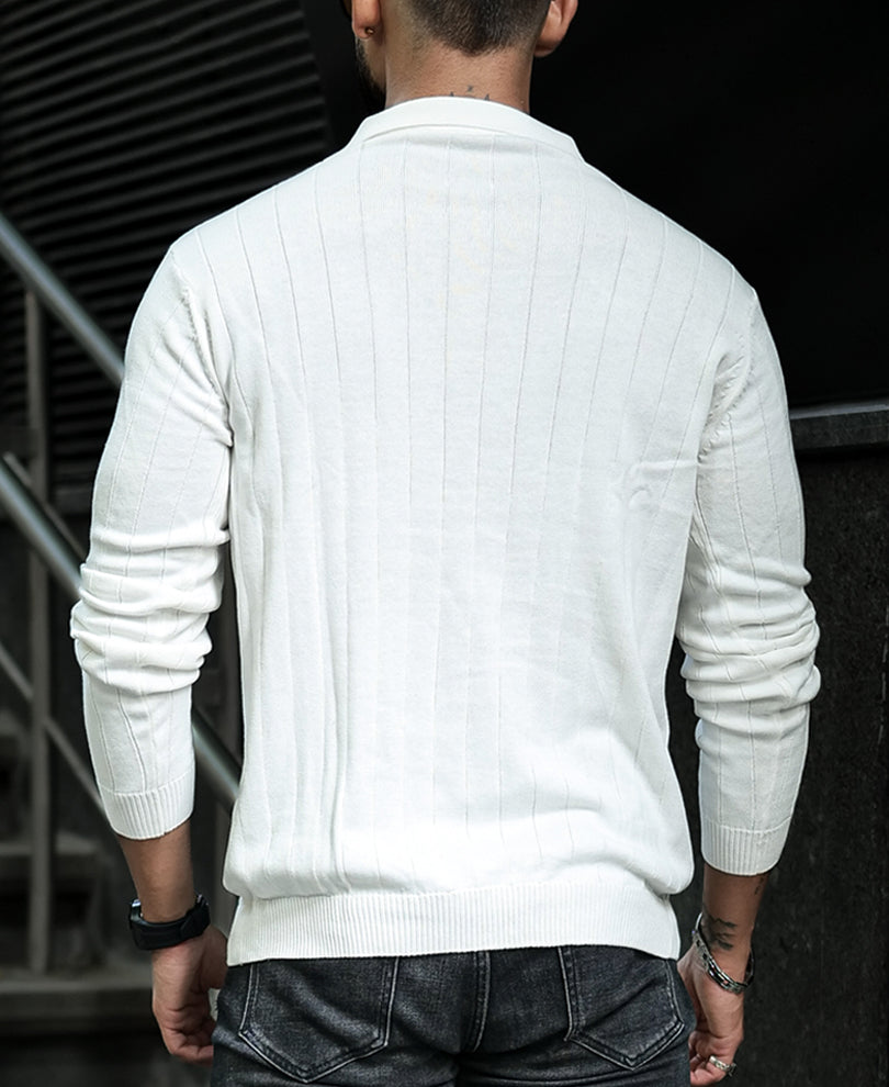 Off White Knitted Regular Fit Full Sleeves T Shirt