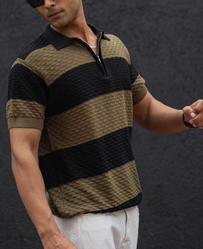 Olive Green and Black Structured Striped Regular Half Sleeves T Shirt