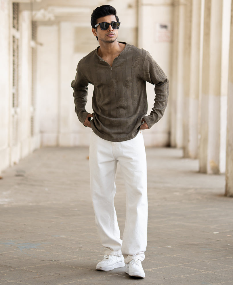 Olive Green Structured Full Sleeves Regular Fit T-Shirt