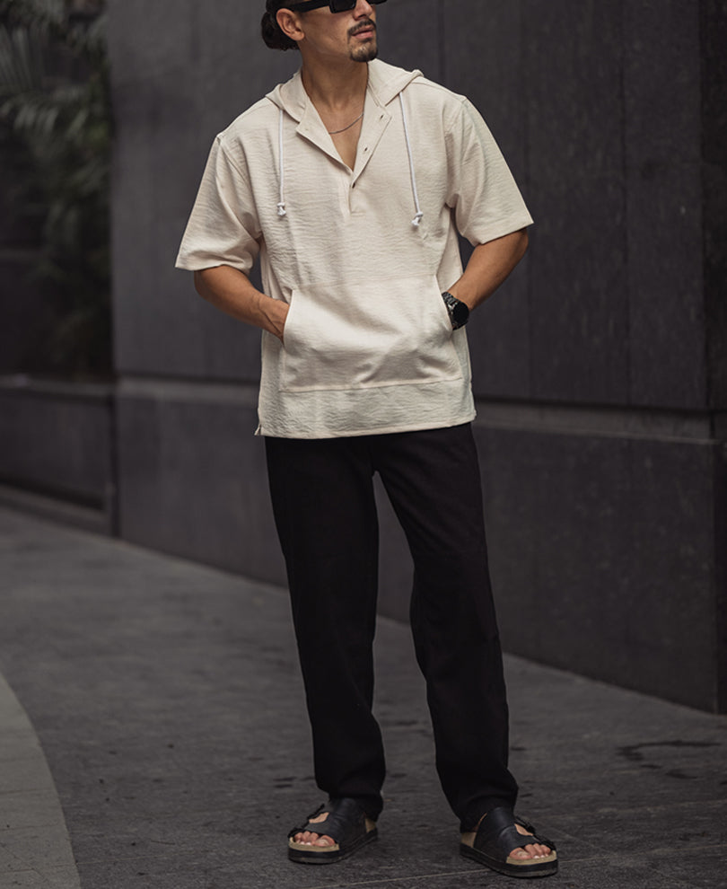 Beige Oversized Hooded Pocket Half Sleeves T-Shirt