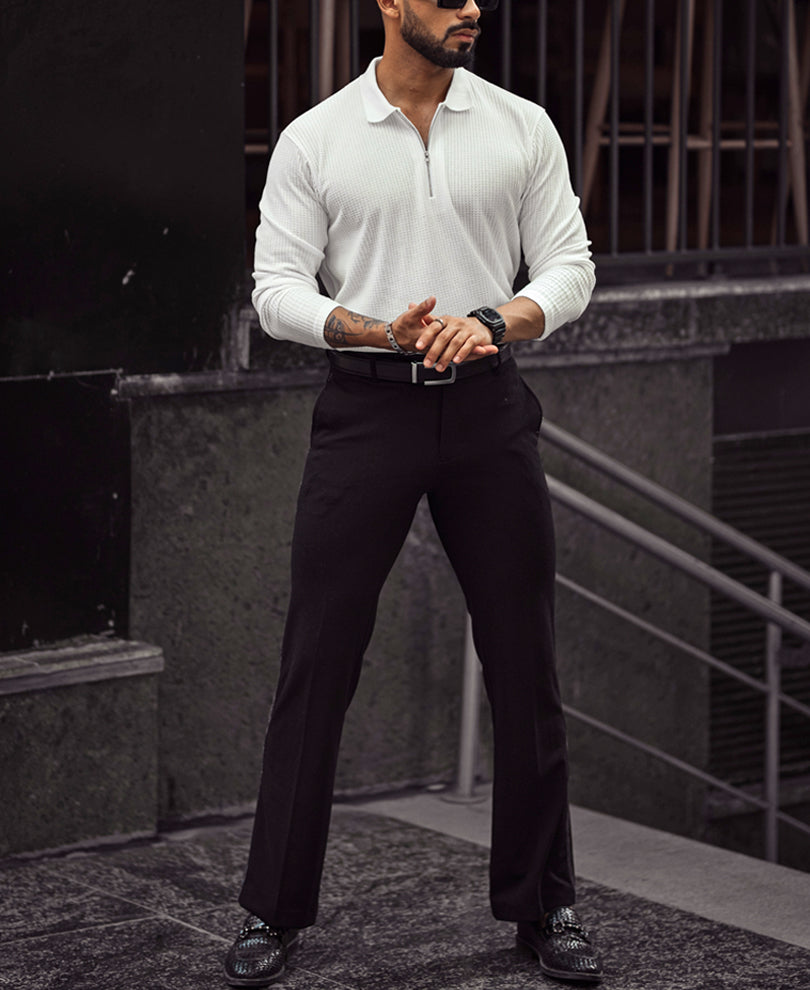 White Waffle Design Regular Fit Full Sleeve T-Shirt with Zipper
