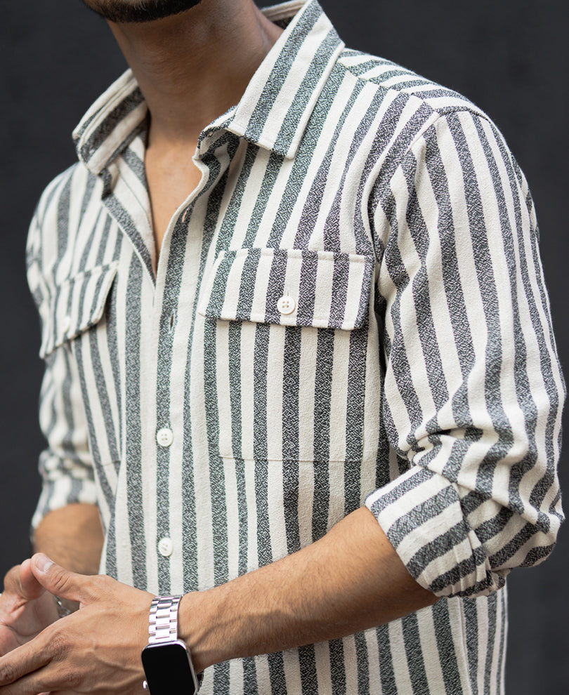 Off White And Grey Stripes Double Pocket Regular Fit Full Sleeves Shirt