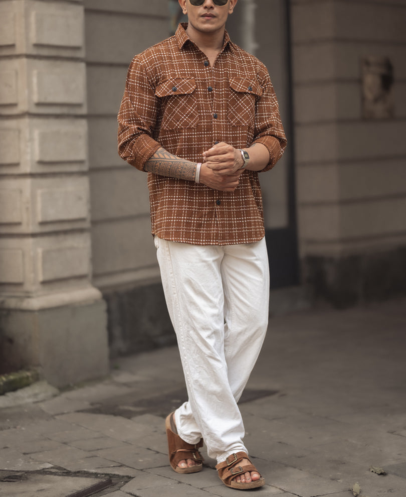 Brown Check Regular Fit Full Sleeves Shirt