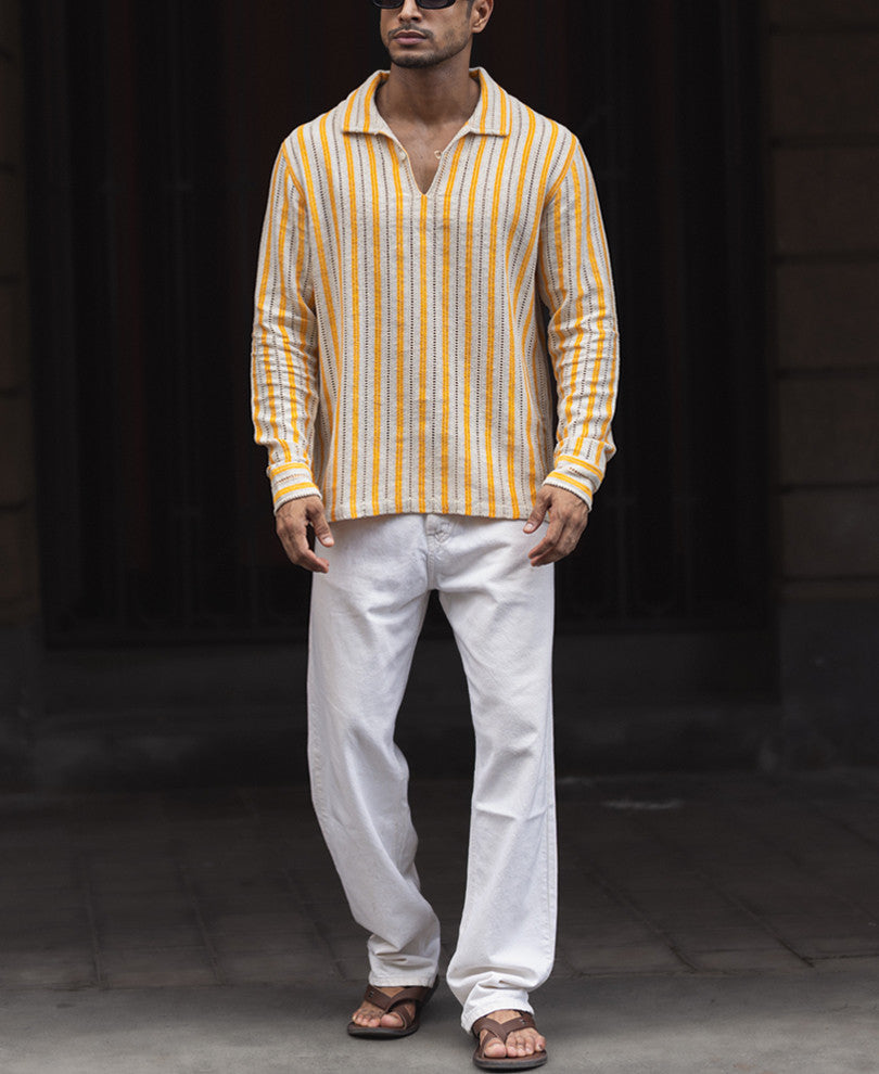 Yellow And Off White Regular Fit Full Sleeves Shirt