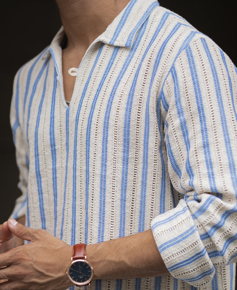 Beige And Sky Blue Striped Regular Fit Full Sleeves Kurta Style Shirt
