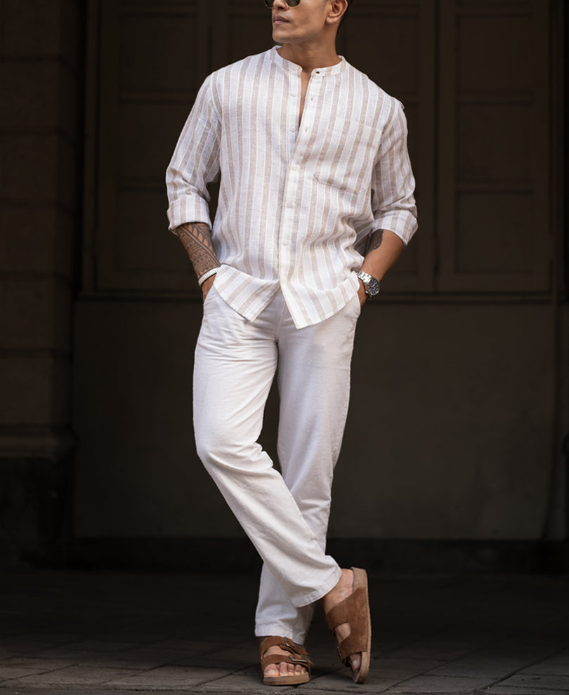 White And Beige Regular Fit Full Sleeves Shirt