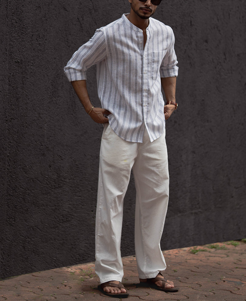 White And Grey Regular Fit Full Sleeves  Shirt