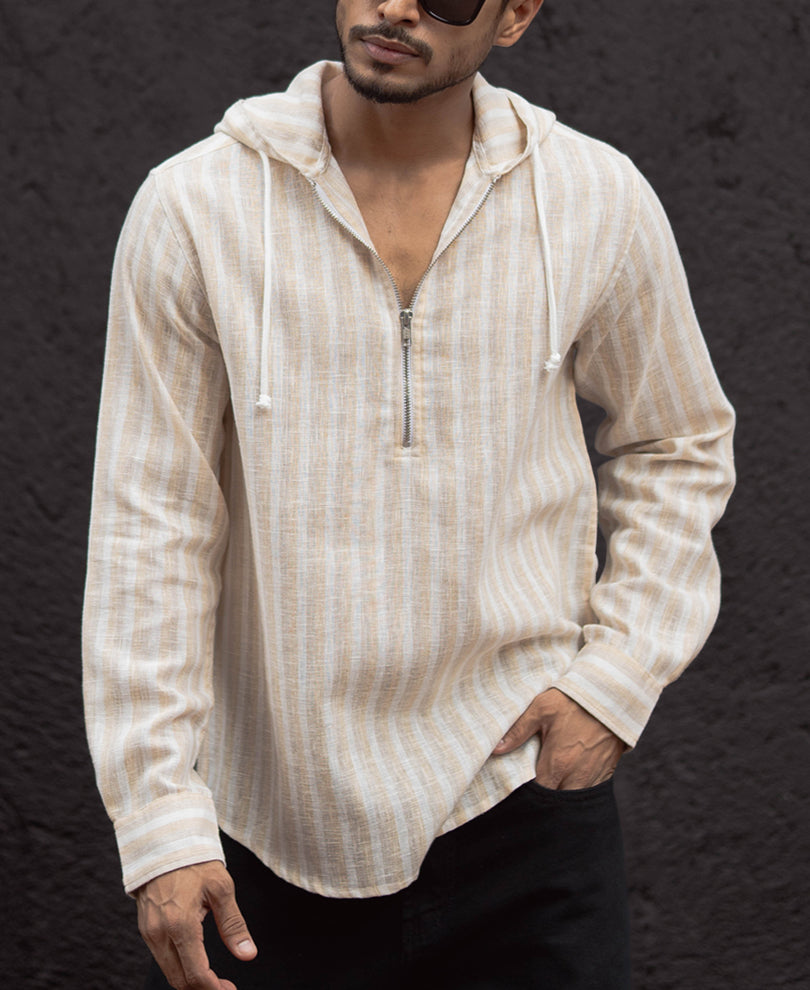 White And Beige Stripes Regular Fit Hoodie Style Shirt