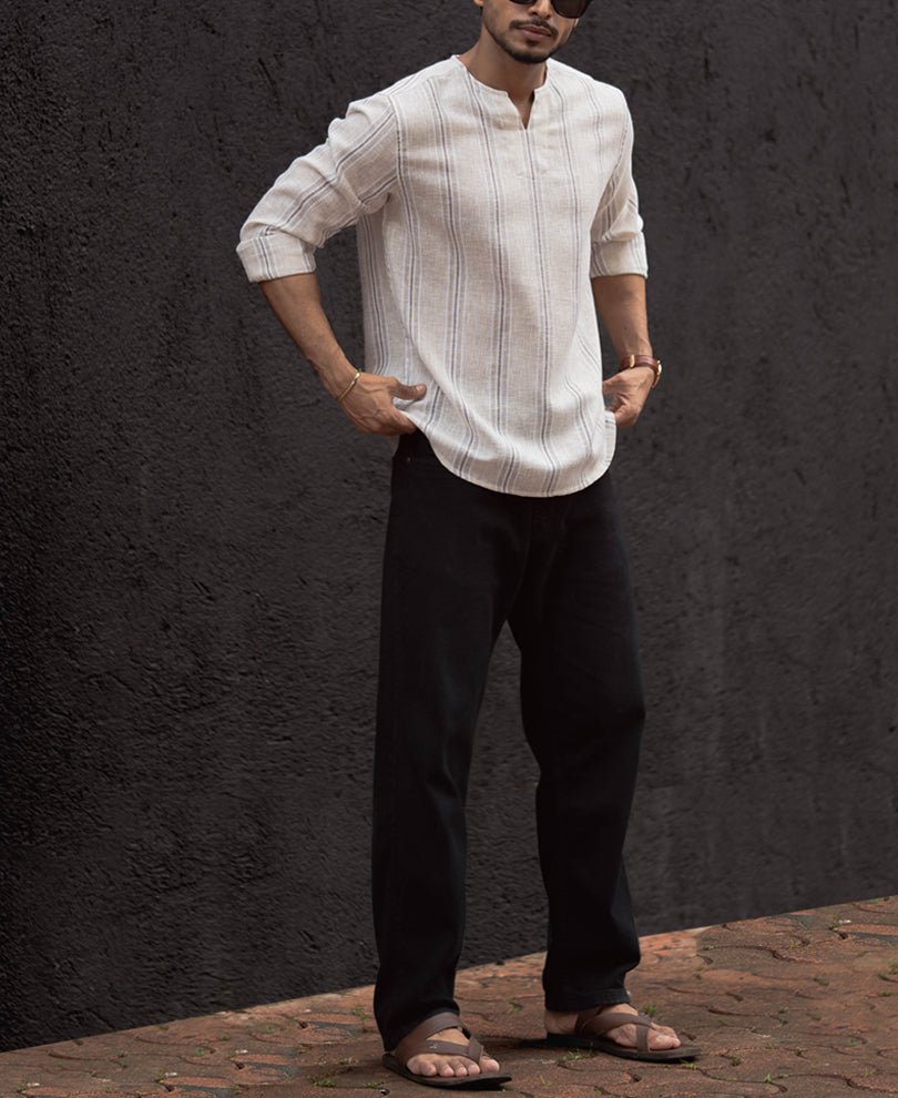 Beige Stripe Regular Fit Kurta Style Shirt