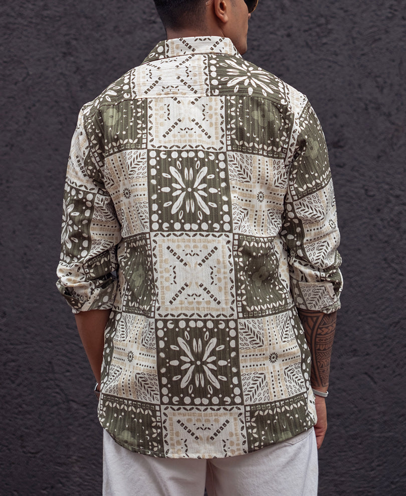 Green Floral Printed Regular Fit Full Sleeves Shirt