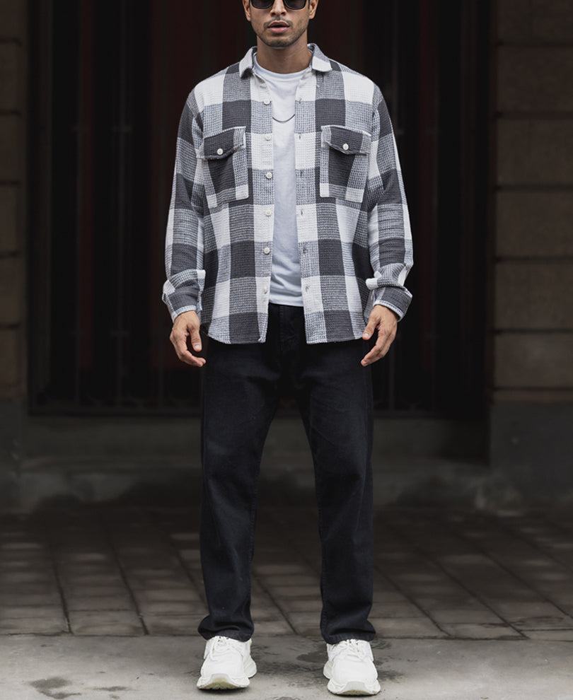 White and Grey Waffle Structure Checked Regular Fit  Full Sleeves Shirt