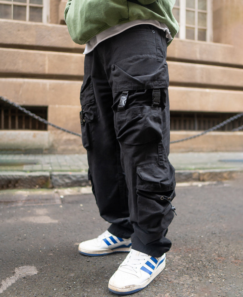 Black Baggy Fit Cargo Pants with Pockets and Buckle Fastening