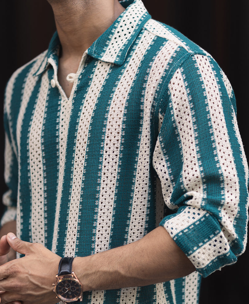 Sea Green and Off White Crochet Striped Regular Fit Full Sleeve Shirt