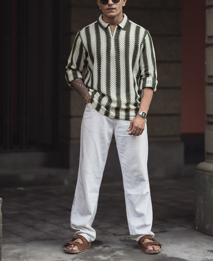 Forest Green & Off White Crochet Striped Regular Fit Full Sleeve Shirt