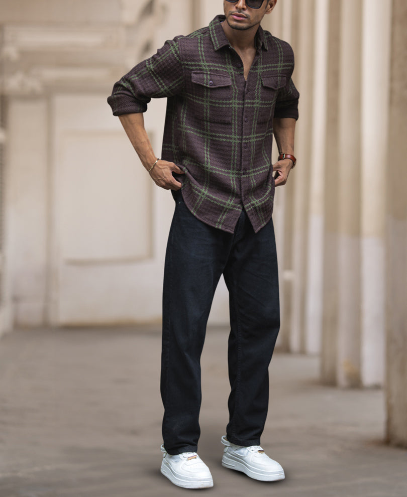 Brown Waffle Checks Regular Fit Full Sleeves Shirt