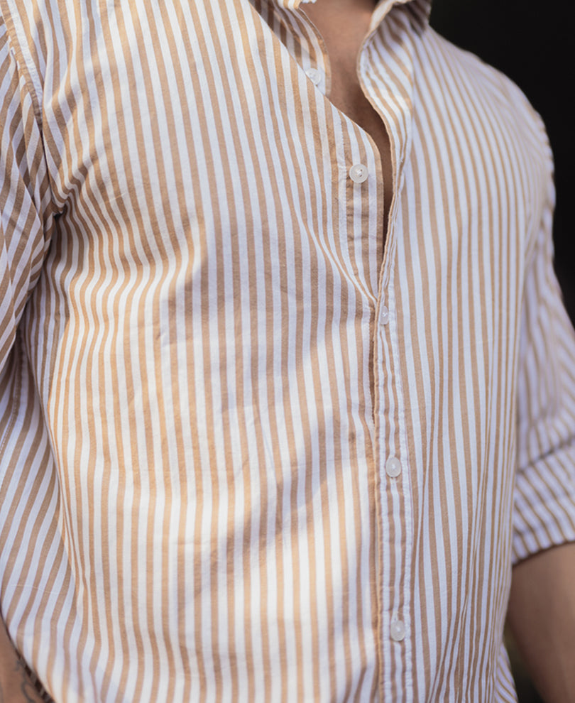 Beige And White Stripes Regular Fit Full Sleeves Shirt