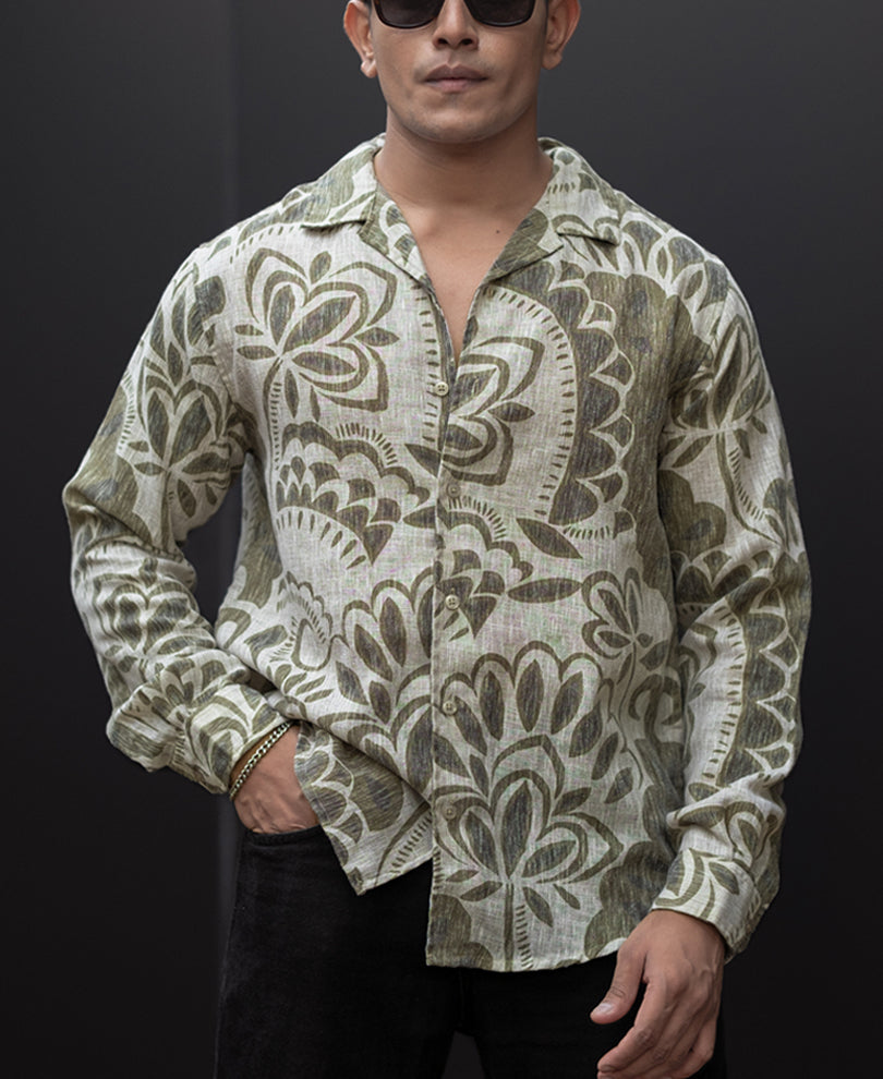 Olive Printed Regular Fit Full Sleeves Shirt