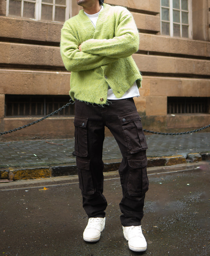 Dark Brown Baggy Fit Denim Jeans with Cargo Pockets