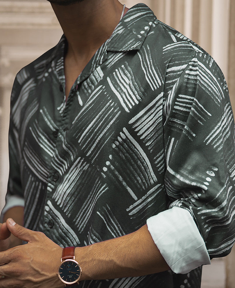 Dark Grey Printed Regular Fit Full Sleeve Cuban Collar Shirt